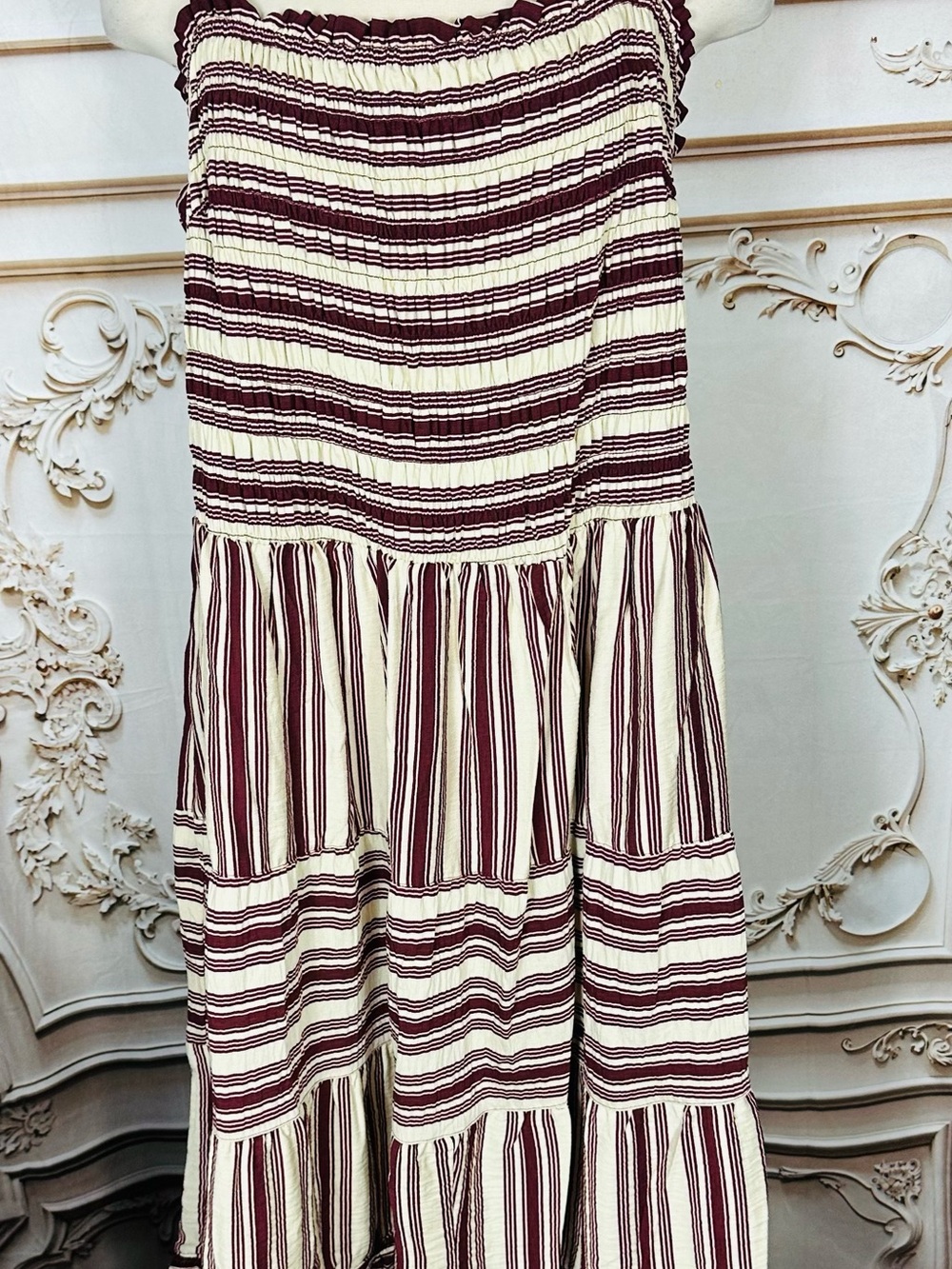 Terra & Sky Striped Smocked Maxi Dress - Cream & Burgundy - Picture 2 of 12